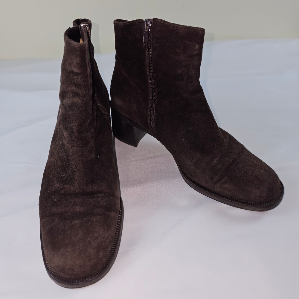Marconi Brown Suede Ankle Boots Block Heel ZipUp Vtg Style Sz US7 EU40.5